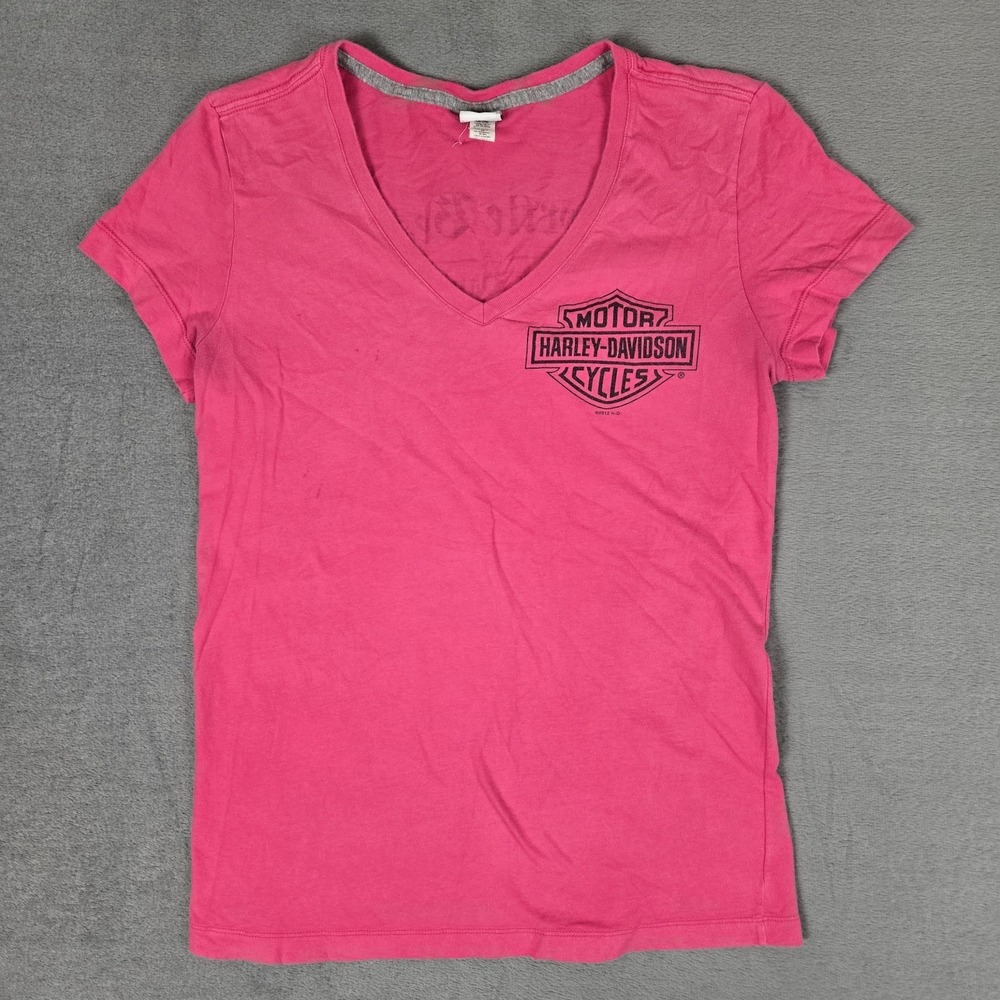 Harley-Davidson Motor Cycles V Neck T-Shirt Womens Medium Pink Myrtle Beach